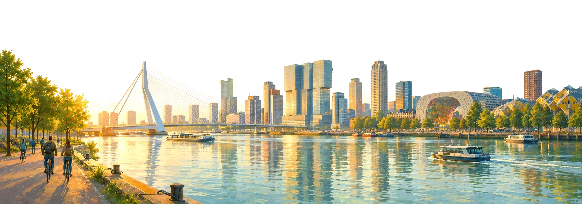 Geschilderd gezicht op Rotterdam in de ochtend, met de Erasmusbrug, de skyline, de Markthal en fietsers langs de Maas