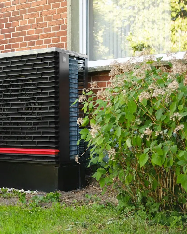 Warmtepomp naast een bakstenen gebouw